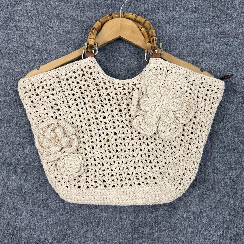 Patricia Nash Specialty Woven Mazara Natural Crochet Tote Bag Bamboo Handle Boho